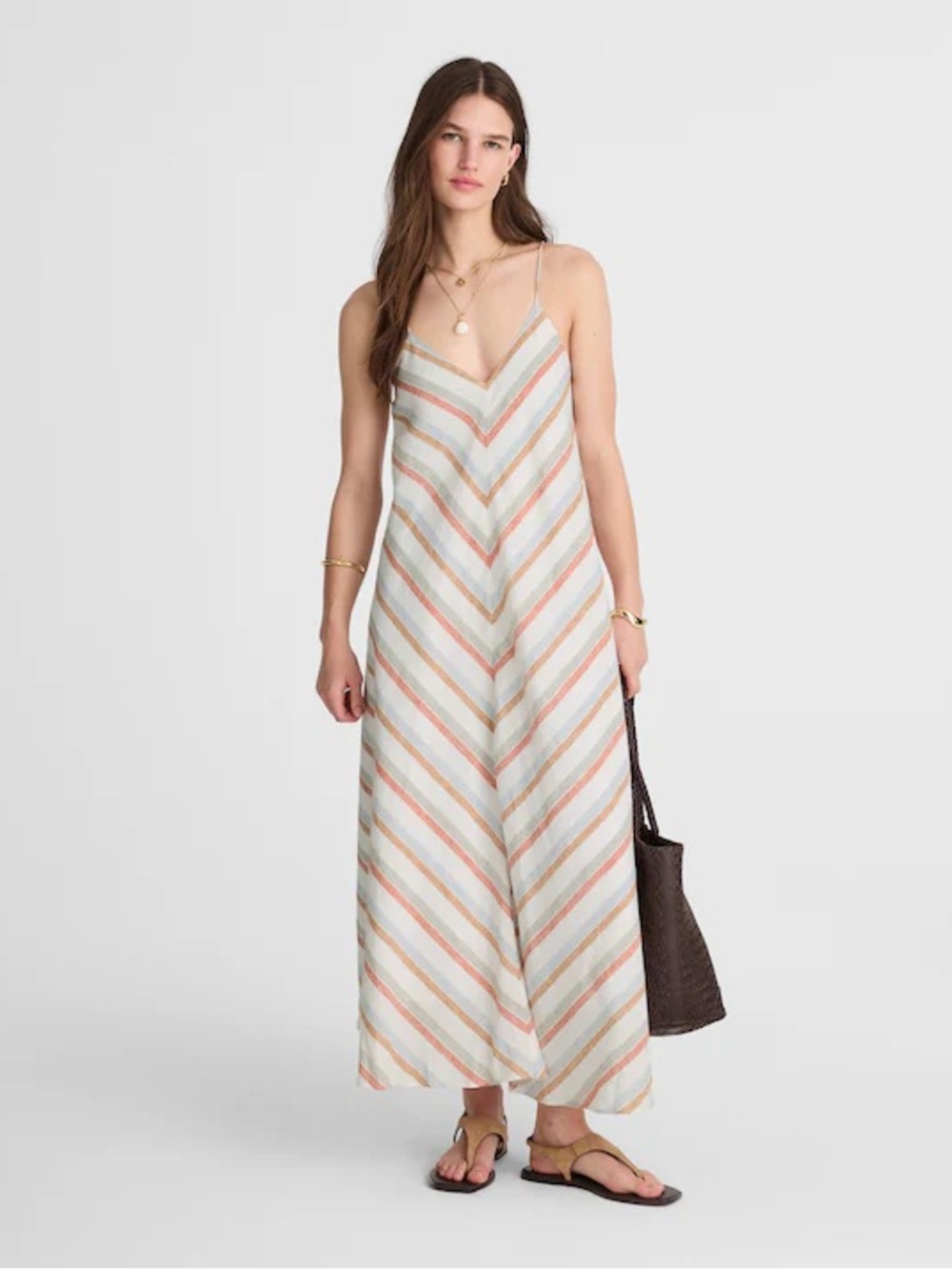 Madewell || Striped V-Neck Midi Dress in 100% Linen White‎ Orange M NWT